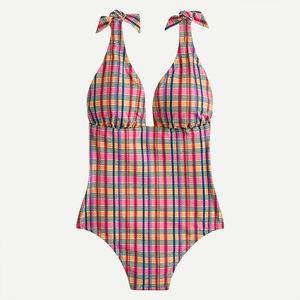 New! J. Crew sz 6 Tie-shoulder one-piece Pink Plaid Swimsuit Madras NWT
